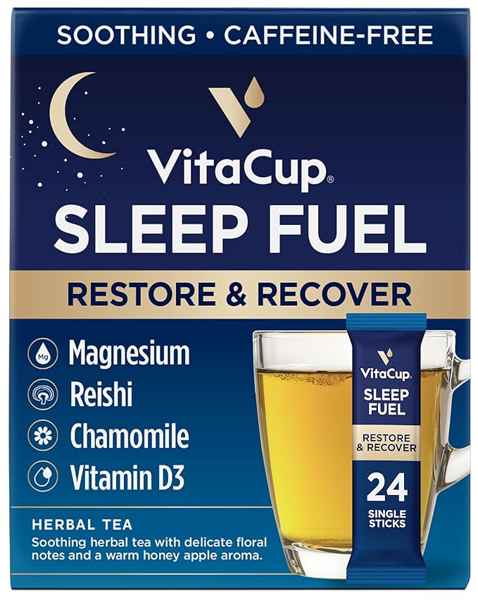 VitaCup Sleep Fuel Instant Tea Packets for Deep REM Sleep Relax &amp De-Stress w/Chamomile Magnesium Vitamin D3 Coconut Water Coconut Milk Potassium Calming for Full Body Relaxation 24Ct