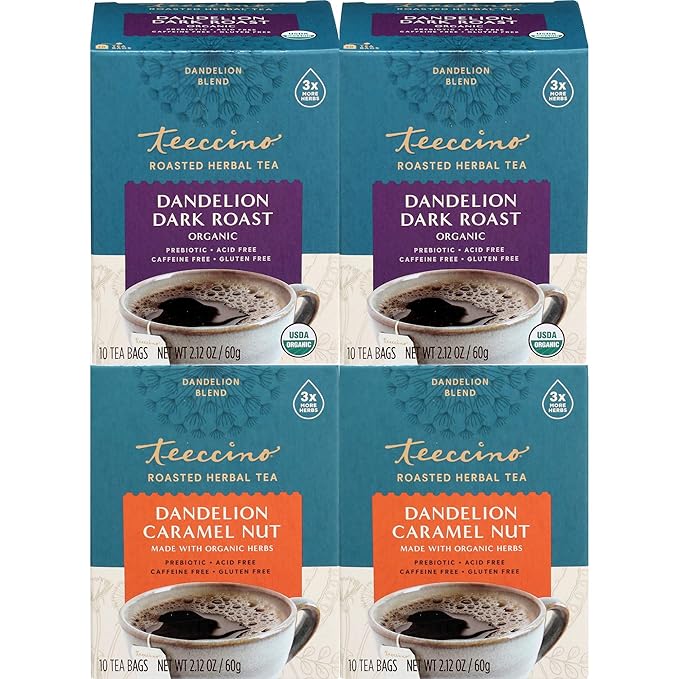 Teeccino Dandelion Dark Roast and Dandelion Caramel Nut Tea Variety Pack - Caffeine-Free Roasted Herbal Tea with Prebiotics Gluten Free - 10 Tea Bags (Pack of 4)