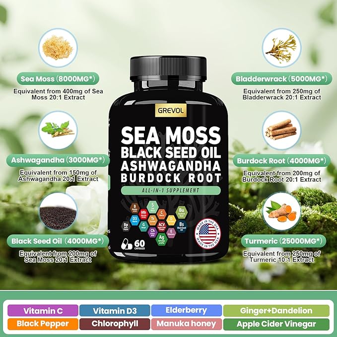 Sea Moss Black Seed Oil Ashwagandha Bladderwrack Burdock Root Turmeric &amp Vitamin C D3 Elderberry ACV Black Pepper - Multimineral Supplement - 60 Count