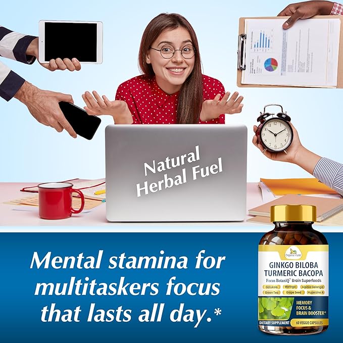 Organic Veda Ginkgo Biloba Turmeric Bacopa Capsules - FocusBotaniQ Memory &amp Brain Supplement - 10 in 1 Cognitive Superfoods Brain Booster Concentration Energy &amp Focus Support - 60 Vegan Cap