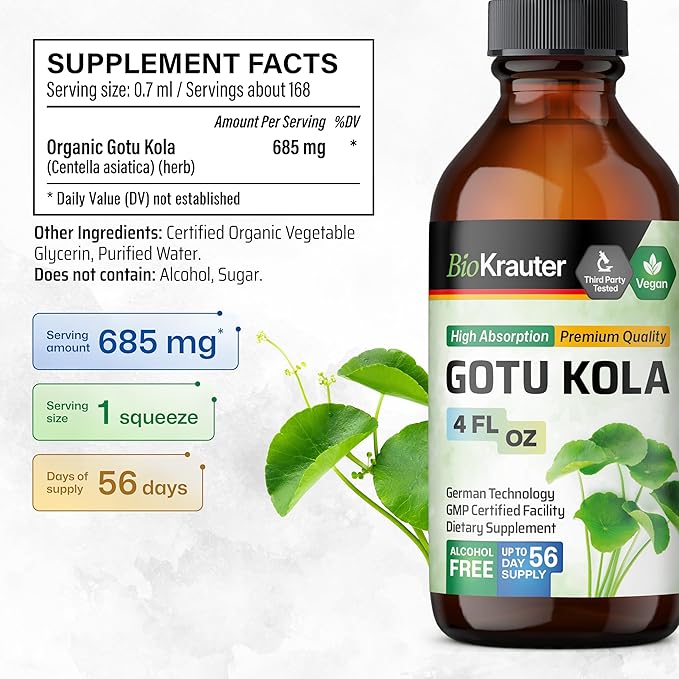 BIO KRAUTER® Centella Asiatica (Gotu Kola)- Liquid Drops Gotu Kola Extract 685 mg/Serving 4 Fl.Oz 56-Day Supply - Pure Vegan Brain Supplement Supports Calm Focus &amp Memory - Alcohol &amp Sugar F