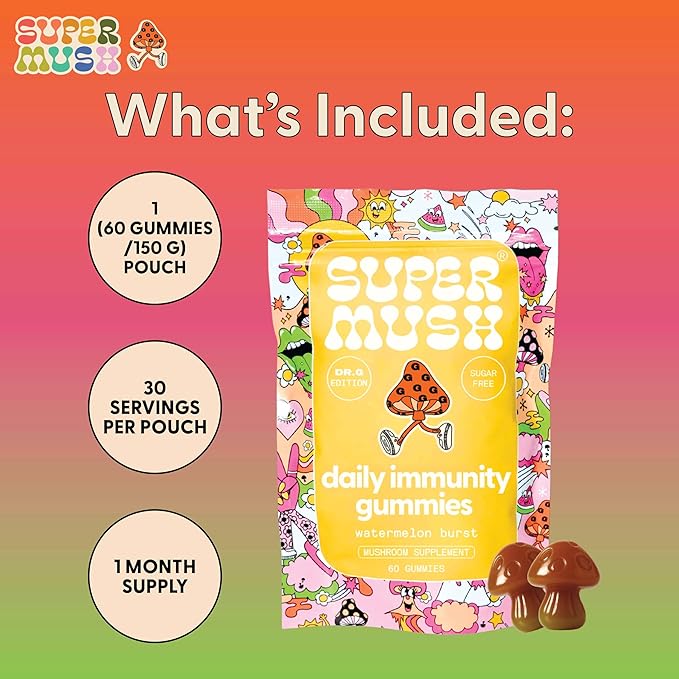 SuperMush Dr. G Daily Greens Gummies - Lion’s Mane Spirulina Chlorella Ashwagandha Prebiotics &amp Vitamins C D Zinc - Sugar Free Greens Gummies for Immunity Gut Health &amp Radiance - Vegan