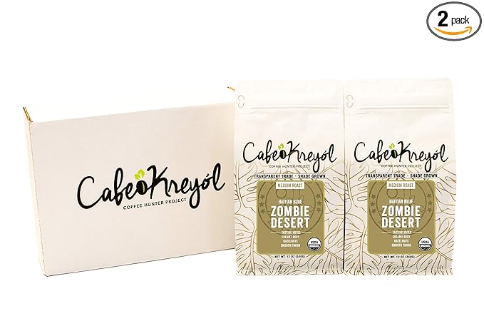 Cafe Kreyol Organic Zombie Desert | 12 oz - Haitian Blue Medium Roast Coffee - Whole Bean – Low Acidity Creamy Body &amp Hazelnuts with a Smooth Finish USDA Certified Organic (2 Pack)