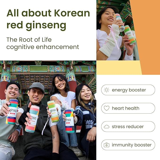 ginsa Sparkling Ginseng Energy Drink with Korean Red Ginseng | Natural Energy Booster | Non-GMO Supports Focus &amp Clarity with Pure Ginseng Root No Caffeine | 12 Pack | 12oz | Ginseng + Yuzu Flav