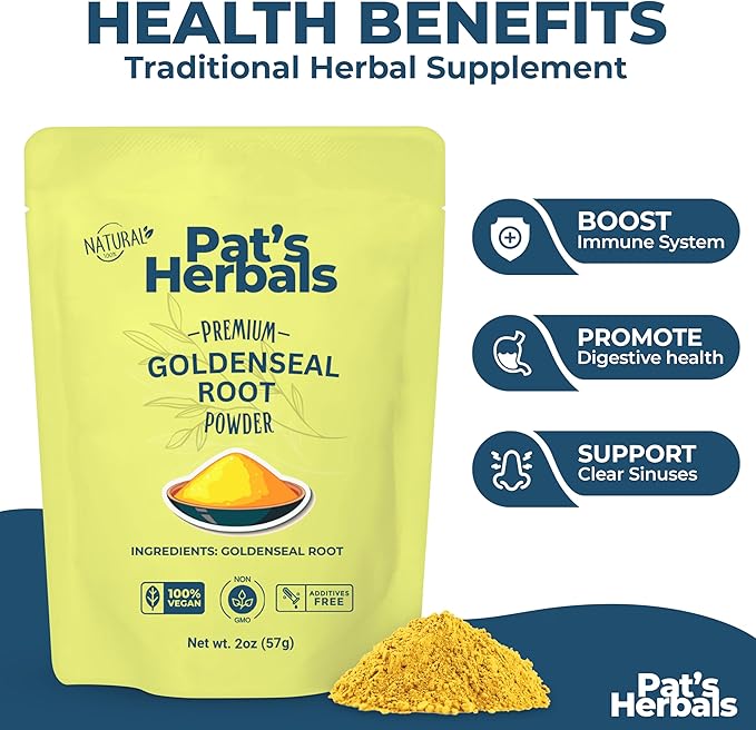 Pat's Herbals Goldenseal Root Powder - 2oz USA Grown Non-GMO | Pure Bright Yellow Root Powder