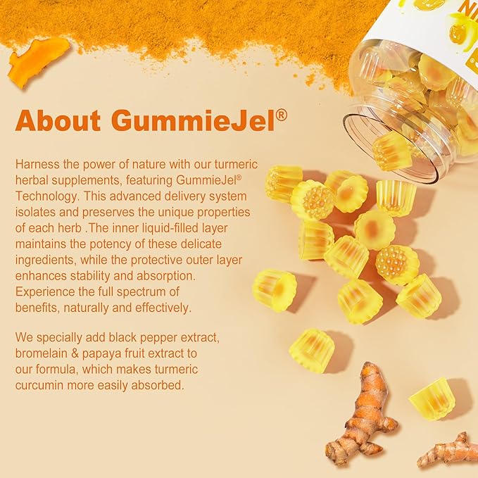 Sugar Free Turmeric Curcumin Filled Gummies 550mg for Adults Ginger &amp Black Pepper | 95% Curcuminoids w/Prebiotic Probiotic &amp Postbiotic Blend Support Immune &amp Digestive Health Vegan 6