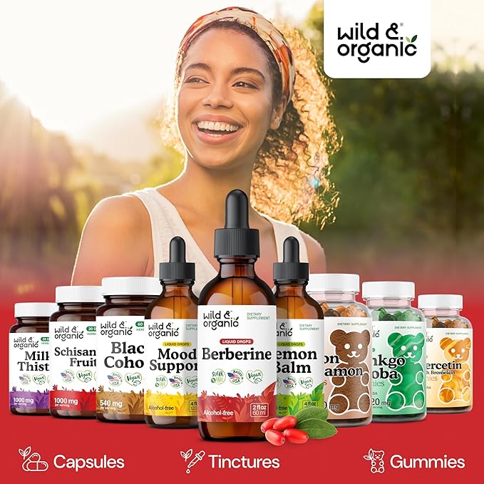 Wild &amp Organic Berberine Liquid Drops - 500mg Berberine Supplement HCL for Overall Support - Natural Extract Tincture - Vegan Alcohol &amp Sugar-Free - 2 fl oz