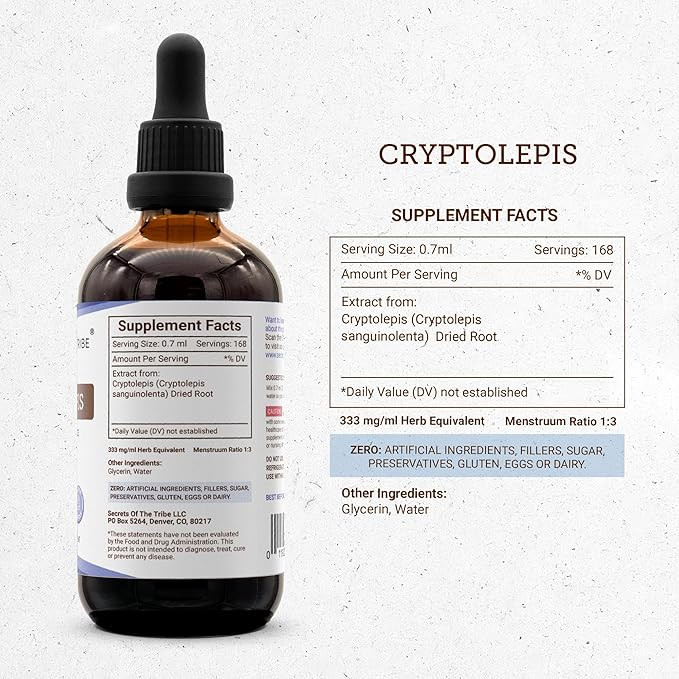 Secrets of the Tribe Cryptolepis Tincture Alcohol-Free Extract High-Potency Herbal Drops Tincture Made from Wildcrafted Cryptolepis Sanguinolenta 4 oz