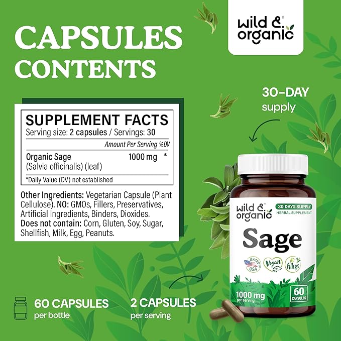 Wild &amp Organic Sage Capsules - Brain &amp Digestive Support - 1000 mg Sage Leaves per Serving - 30 Days of Supply - Salvia Officinalis Supplement - 60 Vegan Capsules - Non-GMO Gluten-Free No Fi