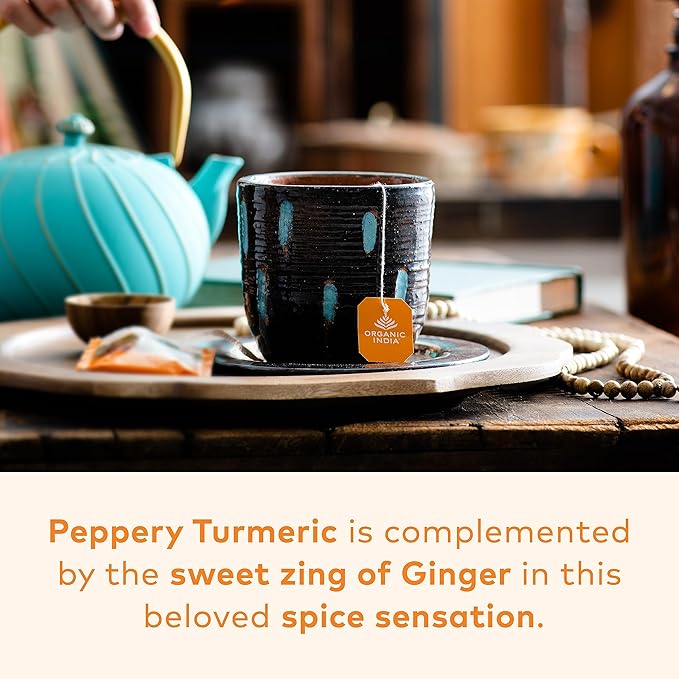 ORGANIC INDIA Tulsi Turmeric Ginger Herbal Tea - Stress Relieving &amp Harmonizing Immune Support Aids Digestion Vegan Caffeine-Free - 18 Infusion Bags 6 Pack