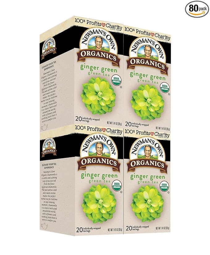 Newman's Own Organic Ginger Green Tea Green Tea with 20 Individually Wrapped Tea Bags Per Box (Pack of 4) USDA Certified Contains Caffeine Brew Hot