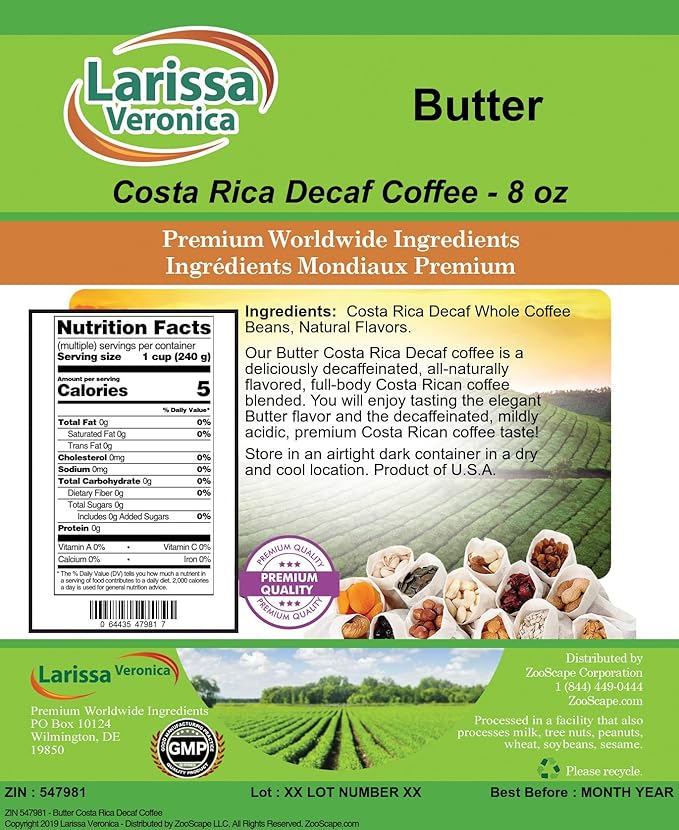Butter Costa Rica Decaf Coffee (Gourmet Naturally Flavored Whole Coffee Beans) (8 oz ZIN: 547981) - 3 Pack