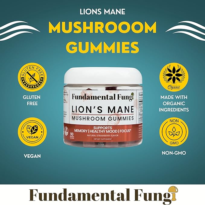Organic Lion's Mane Mushroom Gummies | 90 Servings | Brain Health Focus Clarity &amp Memory Mushroom Supplement Gummies | 90 Organic Lions Mane Gummys for Adults