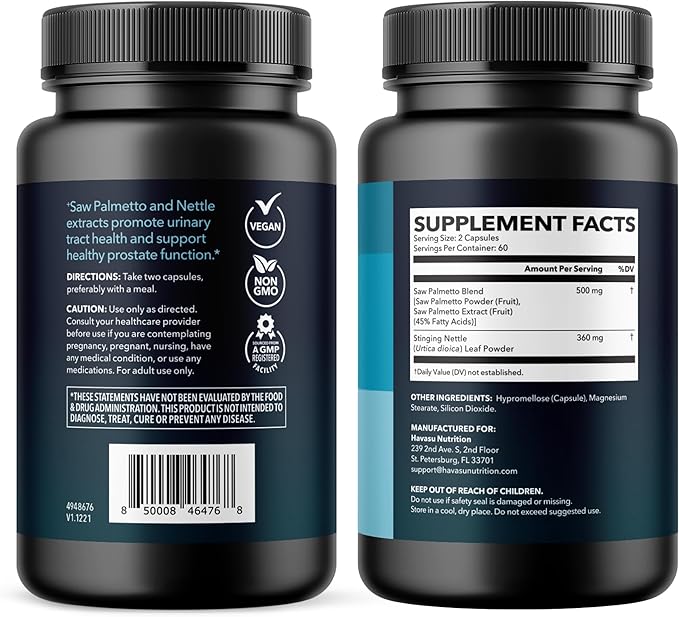 Saw Palmetto with Stinging Nettle Capsules - 2X Prostate Support Supplement for Men’s Health - 120 Count - DHT Blocker for Urinary Tract Function and Hair - Vegan Non-GMO - 2 Month Supply