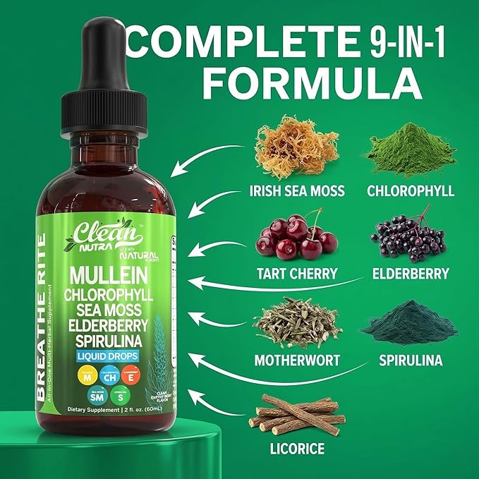 Clean Nutra Mullein Drops for Lungs Organic Chlorophyll Liquid Irish Sea Moss Spirulina Licorice Tart Cherry Lobelia Motherwort &amp Elderberry Mullein Leaf Extract Tincture Men Women Supplement