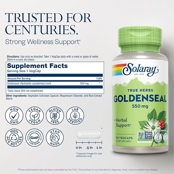 SOLARAY Goldenseal Root Capsules - 550 mg Golden Seal Herbal Supplements for Wellness Support Vegan No Gluten for Adults - 50 Count VegCaps
