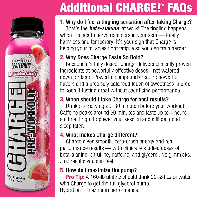 LABRADA Charge Pre Workout Watermelon Candy RTD Drink – Pump Energy Endurance Formula with 10g Glycerol 6g L-Citrulline Malate 4g Beta Alanine 300mg Caffeine + Total Hydration 12 Servings