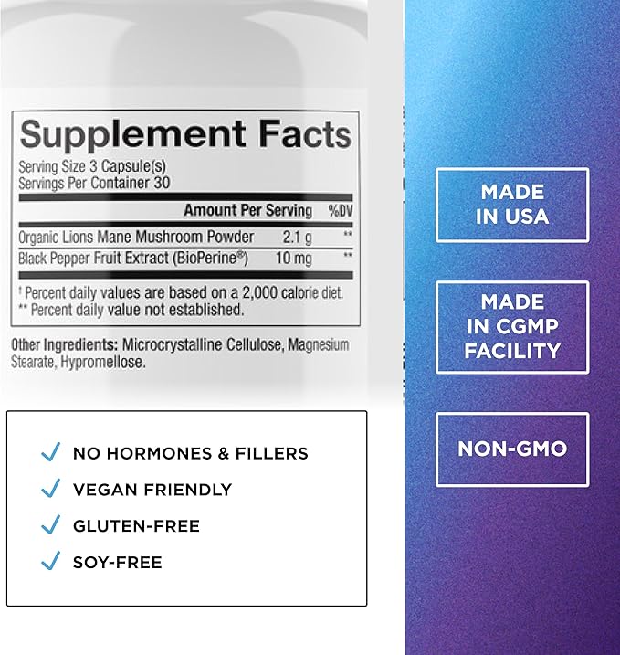 DR. EMIL NUTRITION 2100mg Organic Lions Mane Supplement Capsules - Focus Mental Clarity &amp Cognition - Nootropic Lion's Mane Mushroom Supplement with Organic Lions Mane