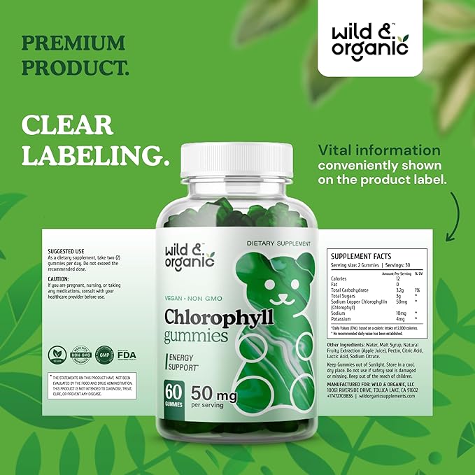 Wild &amp Organic Chlorophyll Gummies 50mg - Detox Cleanse Supplements w/Sodium Copper Chlorophyllin - Internal Deodorant w/Chlorophyll Powder - Vegan Non-GMO - 60 Herbal Chews