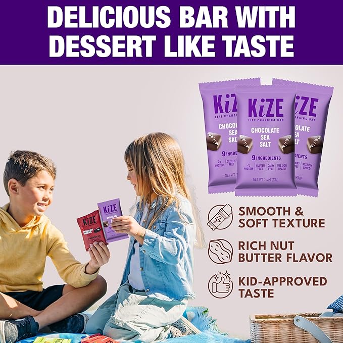 KiZE Energy Bars - Chocolate Sea Salt - Gluten Free Dairy Free Non-GMO and High Protein Meal Replacement Energy Bars Meal Bas Clean &amp Simple Food Ingredients - 7g High Protein Snacks (10 Cou