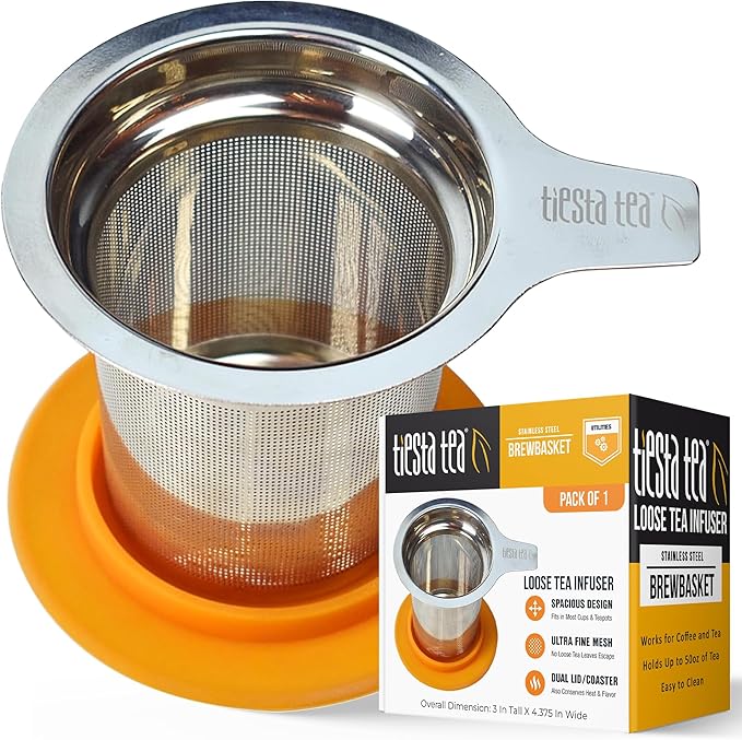 Tiesta Tea - Apple Cider Herbal Tea and Brewbasket Infuser Bundle Caramel Apple Tea Non-Caffeinated 4oz Refillable Tin with 5oz Reusable Stainless Steel Strainer