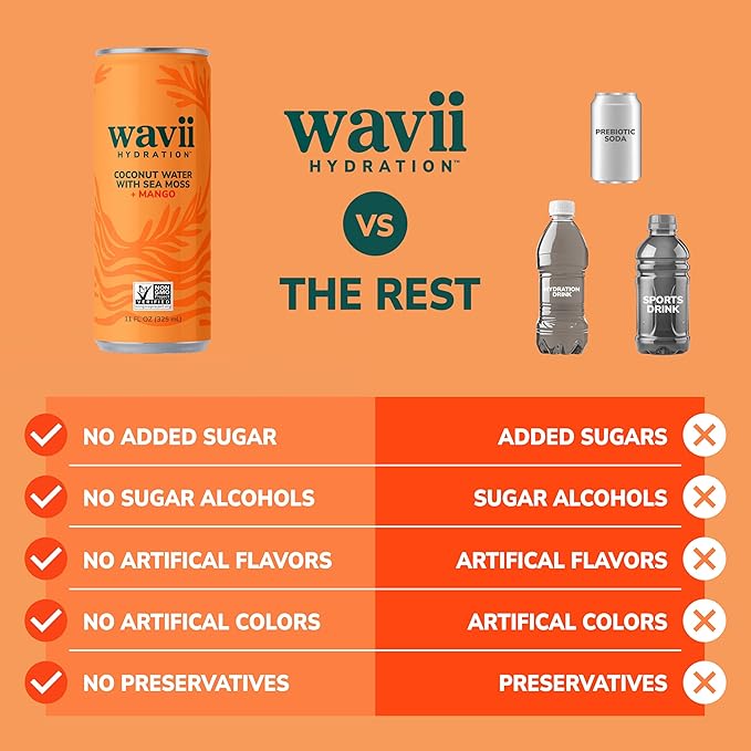 Wavii Hydration Organic Coconut Water with Organic Sea Moss plus Mango 11 fl oz Cans Pack of 12 – Clean Refreshing Hydration with Naturally Occurring Electrolytes No Added Sugar Non-GMO