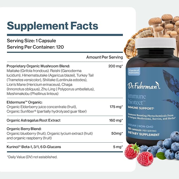 Dr. Fuhrman All Natural Immune Support Supplement | Whole-Food Derived Vitamin for Immunity Defense | Organic Mushrooms &amp Berries | Organic Lion’s Mane Maitake Reishi and Elderberry | 120 Caps