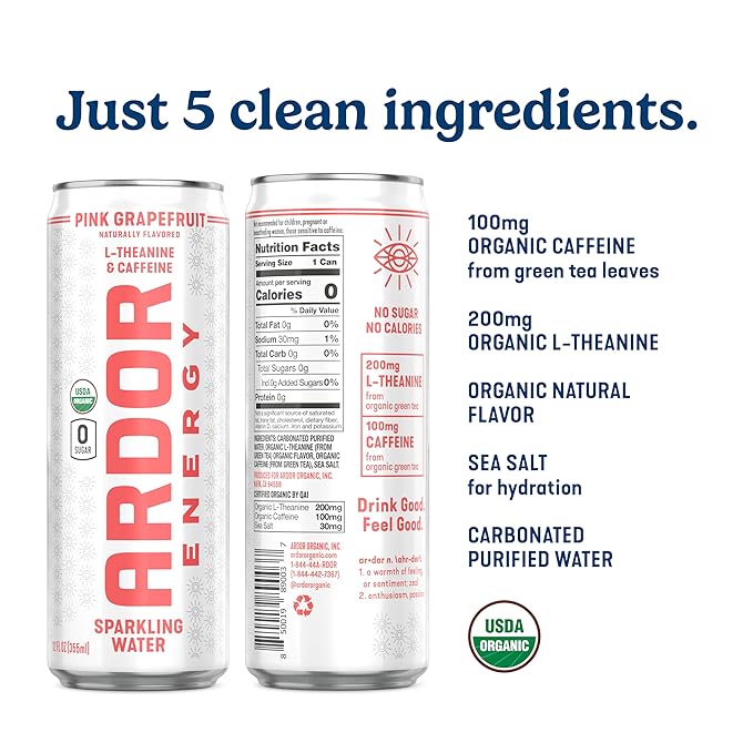 ARDOR ENERGY Sparkling Water with 100mg Natural Caffeine &amp 200mg L-Theanine from Organic Green Tea for Smooth Energy &amp Focus | Healthy Energy Drink | No Sugar Zero Calories Vegan Gluten-Fre