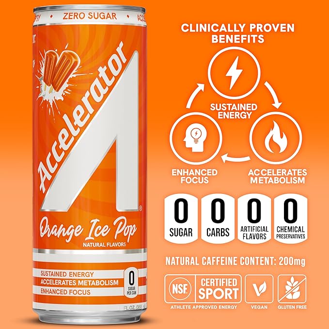 Accelerator Energy Drink Orange Ice Pop 12oz can (12 pack) Zero Sugar Sustained Energy from 100% Natural Caffeine (200mg from Green Coffee Bean &amp Green Tea extract)