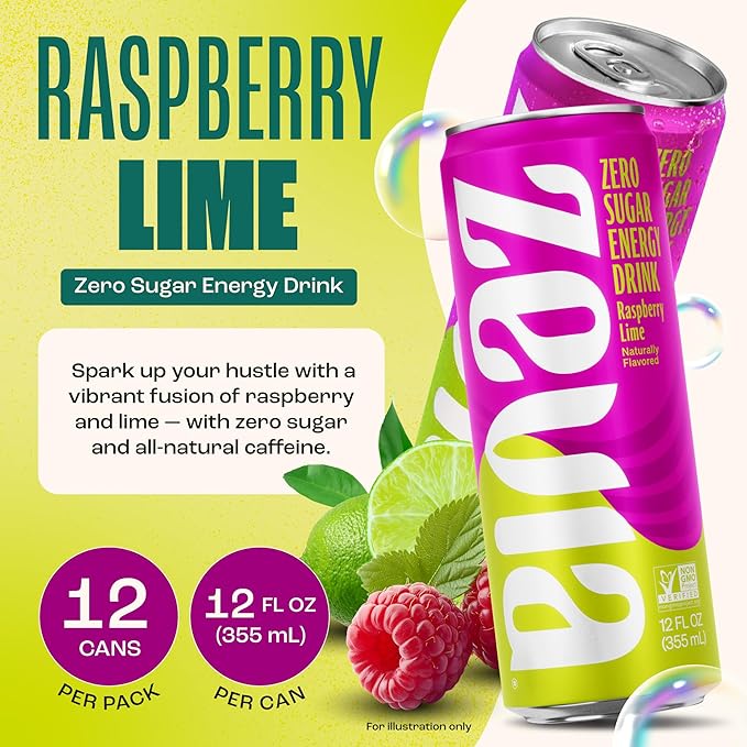 Zevia Zero Sugar Energy Drink Raspberry Lime 12 oz Cans (12-Pack) – Naturally Sweetened Zero Calorie Sugar Free Energy - Non-GMO Project Verified Gluten-Free Vegan