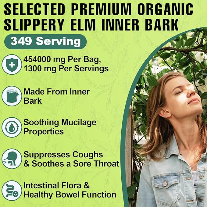 Slippery Elm Slippery Elm Powder Organic Elm Bark Made from Inner Bark - 1 Pound (349 Servings) Natural Herbs Helps Soothe The Throat and Coughing &amp Digestive Diarrhea - 100% Pure &amp Vegan