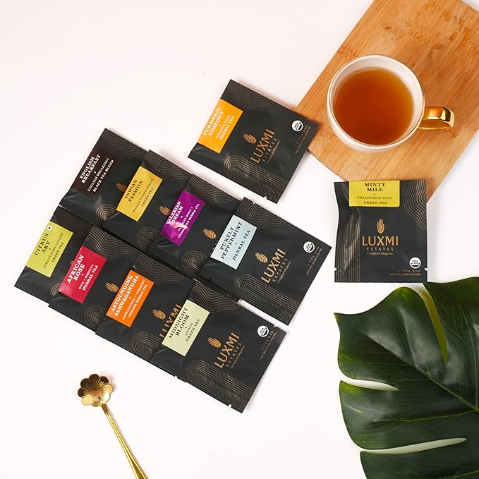 Luxmi Estates - Assortment Pack (60 tea bags *2g each)| 120g pack | Valerian Dream Midnight Bloom Turmeric Timeout Astounding Ashwagandha Purely Peppermint Citrus Sky Minty Mile African Rose I