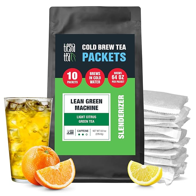 Tiesta Tea - Lean Green Machine Cold Brew Loose Leaf Light Citrus Green Tea Medium Caffeinated Blend Cold Brew Packets Makes 64 oz Per Bag (Pack of 10)