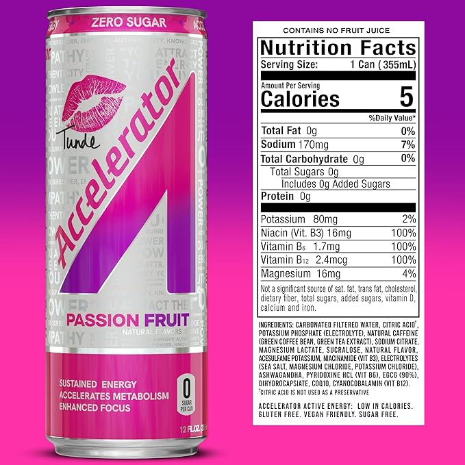 Accelerator Energy Drink Passion Fruit 12oz can (12 pack) Zero Sugar Sustained Energy from 100% Natural Caffeine (200mg from Green Coffee Bean &amp Green Tea extract)