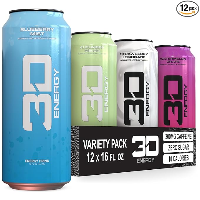 3D Sugar-Free Energy Drinks Variety Pack - Clean Energy Drink with 200mg Caffeine Taurine &amp L-Carnitine - Pre Workout Fitness Drink for Gym Exercise &amp Everyday Performance