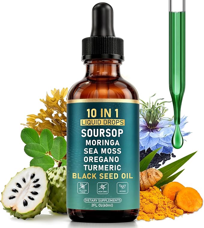10-in-1 Soursop Bitters Liquid Drops with Sea Moss Moringa Black Seed Oil Turmeric Ashwagandha Oregano - for Overall Health - 2 Fl Oz - Non-GMO Vegan