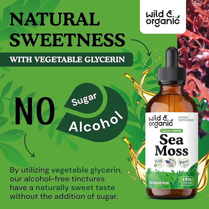 Wild &amp Organic Sea Moss Drops - Overall Support with Irish Seamoss and Bladderwrack - Multimineral Chondrus Crispus Tincture - Vegan Sugar &amp Alcohol-Free Liquid Supplement - 4 fl oz
