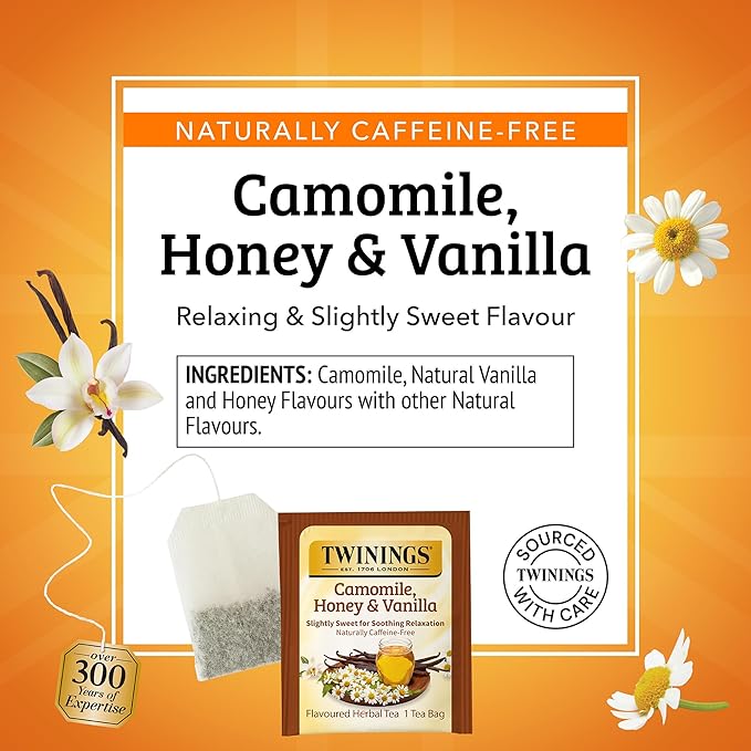 Twinings Camomile Honey &amp Vanilla Herbal Tea Individually Wrapped Bags 20 Count (Pack of 6) Naturally Caffeine-Free Enjoy Hot or Iced 120 Teabags