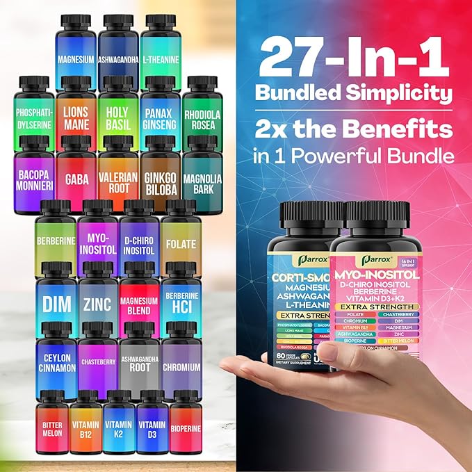 Cortisol &amp Myo-Inositol Supplement Bundle Soothe &amp Smooth Bundle Cortisol Balance GABA Magnesium Ashwagandha L-Theanine D-Chiro Inositol Folate Berberine Chasteberry Zinc (2 Pack)