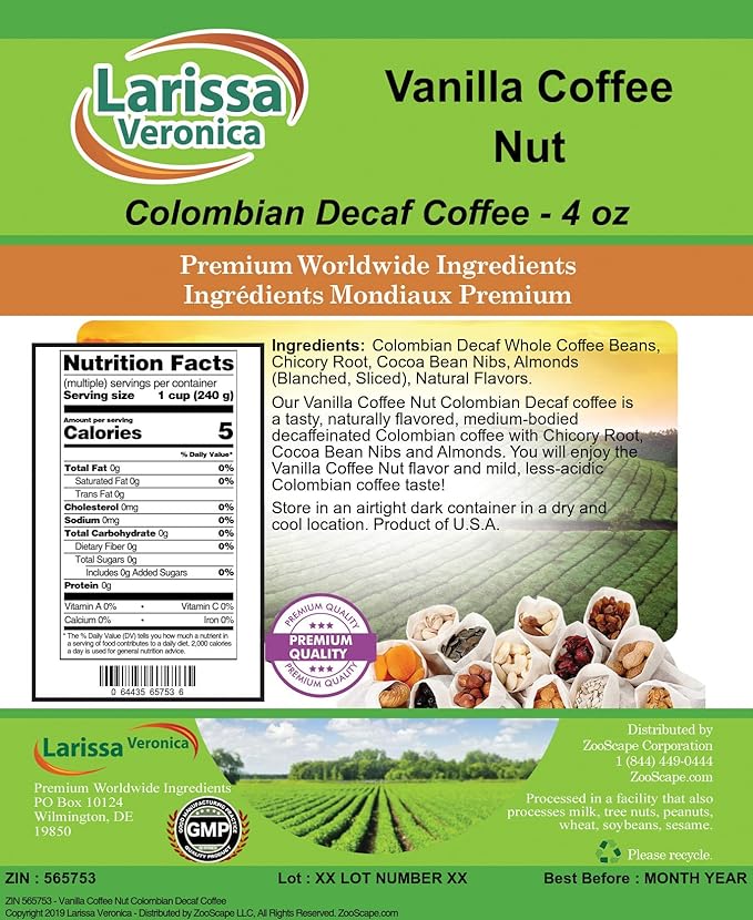 Vanilla Coffee Nut Colombian Decaf Coffee (Gourmet Naturally Flavored Whole Coffee Beans) (4 oz ZIN: 565753) - 3 Pack