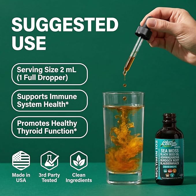 Clean Nutraceuticals Sea Moss Drops Supplement Liquid with Black Seed Oil Ashwagandha Burdock Root &amp Bladderwrack - Multimineral Organic Non-GMO Vegan for Gut Heath Skin Immune Support Hair (2 Pac