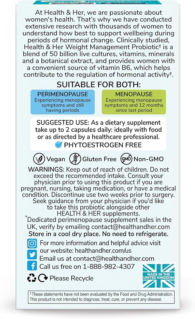 Health &amp Her Weight Management Probiotics for Women - Perimenopause &amp Menopause Supplement - Clinically Studied 50bn CFU Probiotics to Support Gut Health Energy Mood &amp Mind Vegan (60 ct