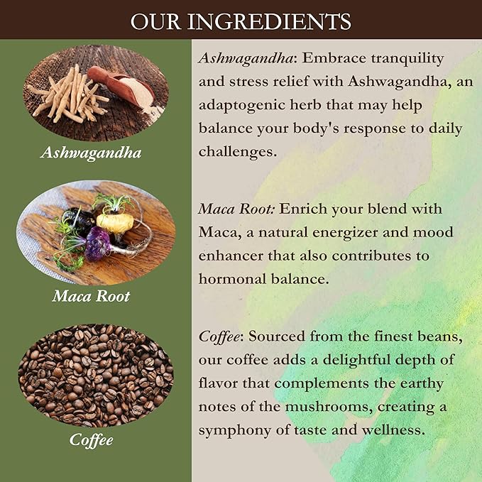 Premium Blend USDA Certified Organic Ground Mushroom Coffee - No Sugars or Sweeteners Lion's Mane Chaga Cordyceps and more - Nootropic Concentration blend for sharper focus memory and immunity