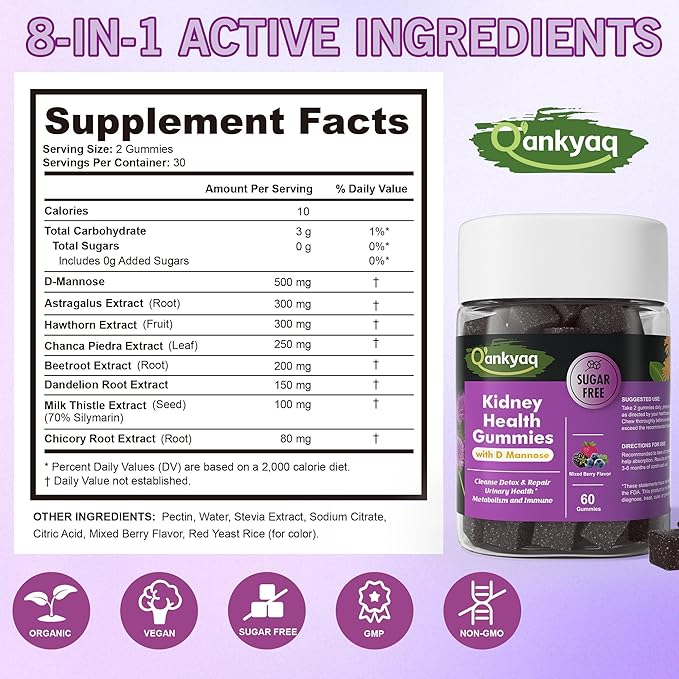 D mannose Gummies for Women Kidney Cleanse Detox &amp Repair Gummies – Urinary Health &amp Kidney Stone* Support Chewable D-mannose with Astragalus Dandelion Milk Thistle – Vegan Sugar-Free 60