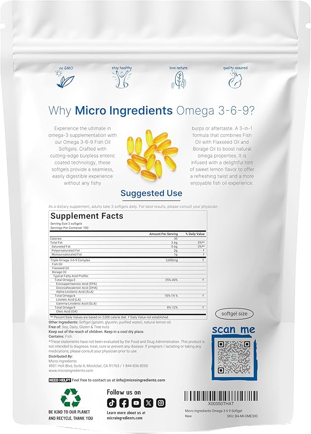 Ultra Omega 3-6-9 3600mg Per Serving 300 Burpless Softgels | Lemon Flavor – Blend of Fish Flaxseed Borage Oils | Bioavailable Source Non-GMO No Gluten Mercury Free