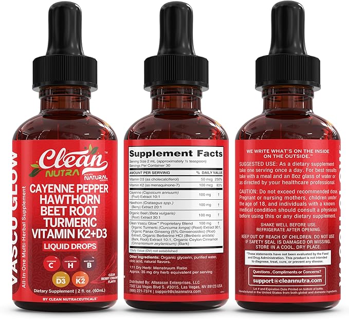 Clean Nutra Cayenne Pepper Drops Supplement Liquid + Hawthorn Berry Vitamin D3 K2 Beet Root Powder Ceylon Cinnamon Turmeric Curcumin Organic Panax Ginseng Berberine Extract Organic (2)