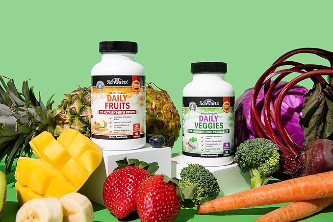 Daily Fruits and Veggies Supplement for Women and Men - 47 Whole Food Fruits and Vegetables - Diverse Natural Balance of Vitamins Minerals and Noni - 180 Fruit Capsules 180 Veggie Capsules (2 Pack)