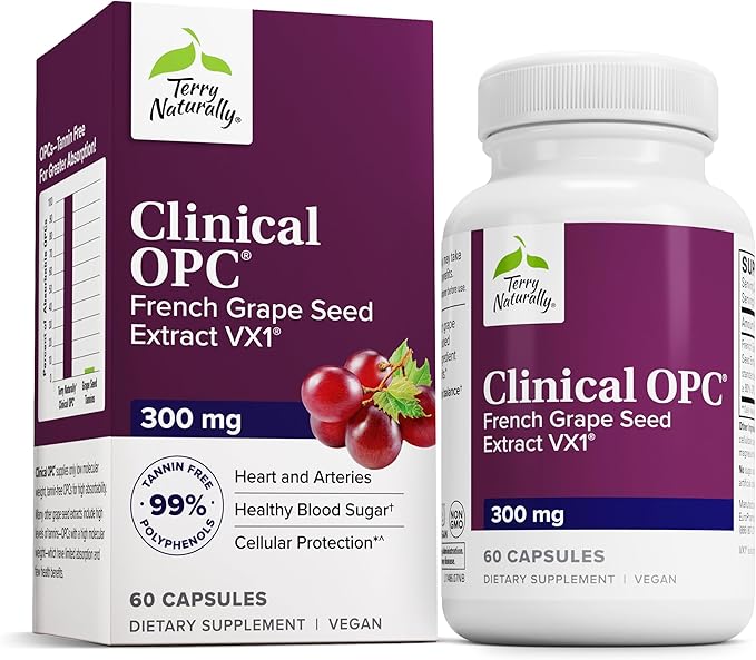 Terry Naturally Clinical OPC - Cardiovascular Health &amp Focus Support Supplement - Dietary Supplement with Grape Seed Extract &amp Sunflower Lecithin - Immune Support Supplement - 300 mg 60 Softg