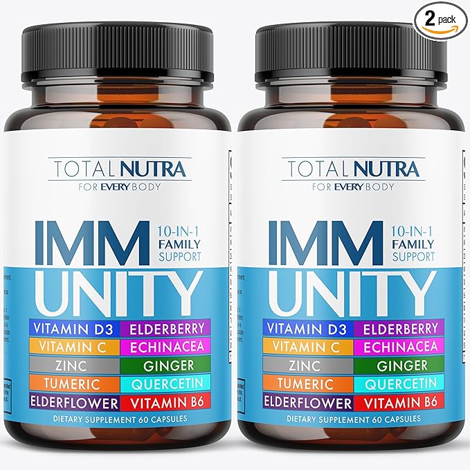 10-In-1 Immune Support Supplement: Immune Boosters for Adults &amp Kids Daily Immunity Defense with Key Immune System Vitamins Zinc Vitamin C and D Plus Elderberry Quercetin Echinacea &amp More