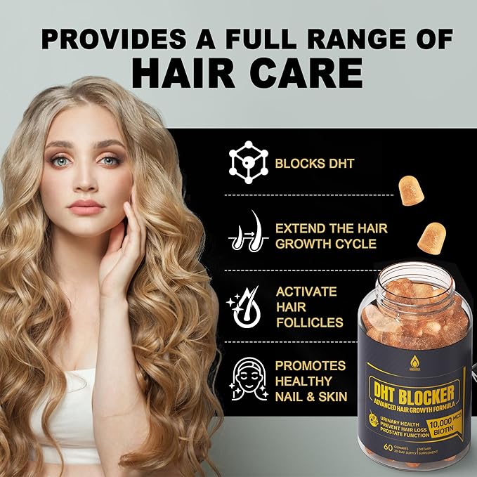 DHT Blocker Gummies Hair Growth Supplement Super Potency Saw Palmetto &amp Biotin 10000 mcg for Women &amp Men Plus 12 Proprietary Blend - Prevent Hair Loss Blocking DHT Receptors Hormonal Balan